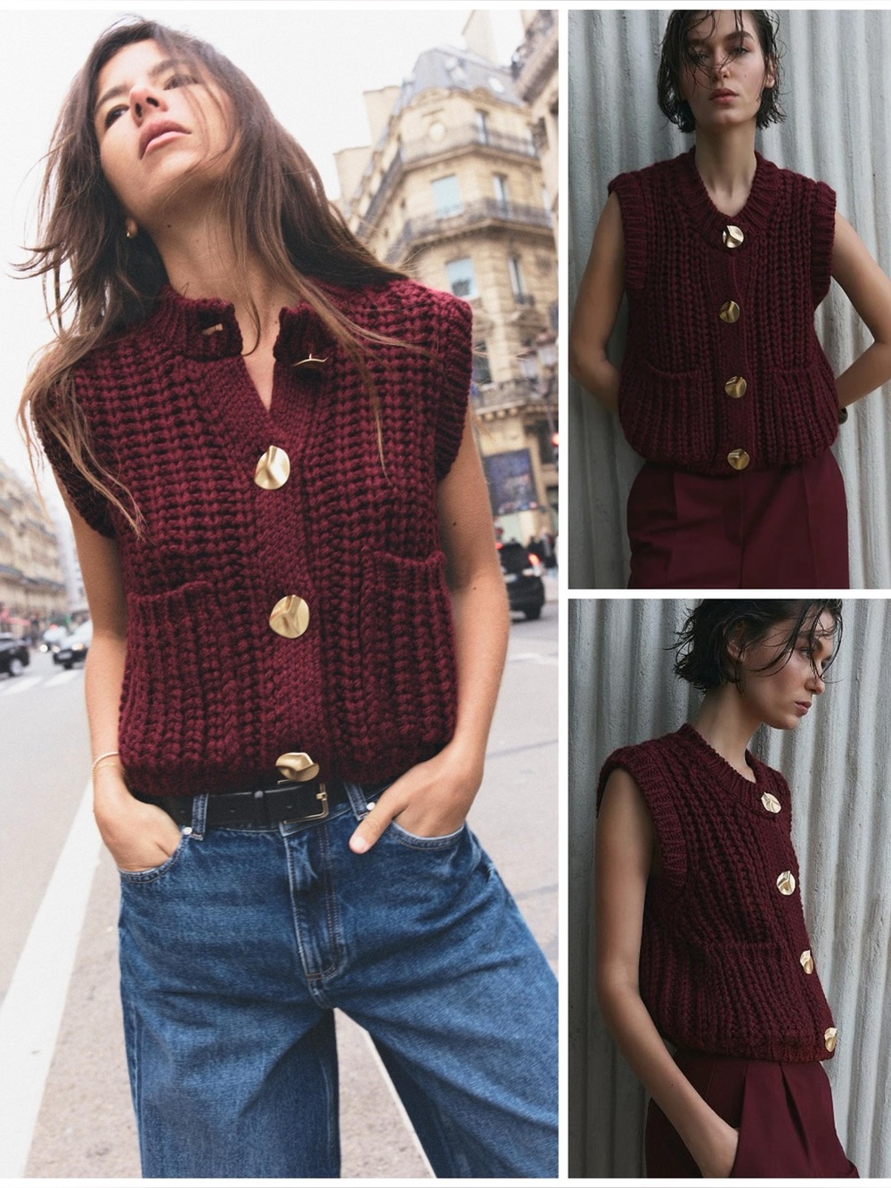ZARA ~ Wine Knit Vest with Gold Buttons